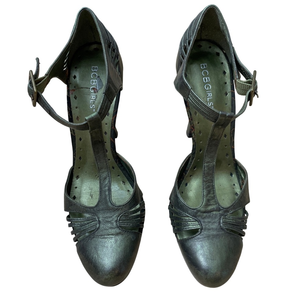 BCBGirls Green Metallic  T-Strap Heels